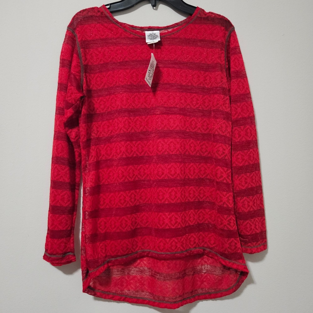 Daisy Jayne Red Burnout Geometric Stripe High Low Long Sleeve Top Size 16 NWT